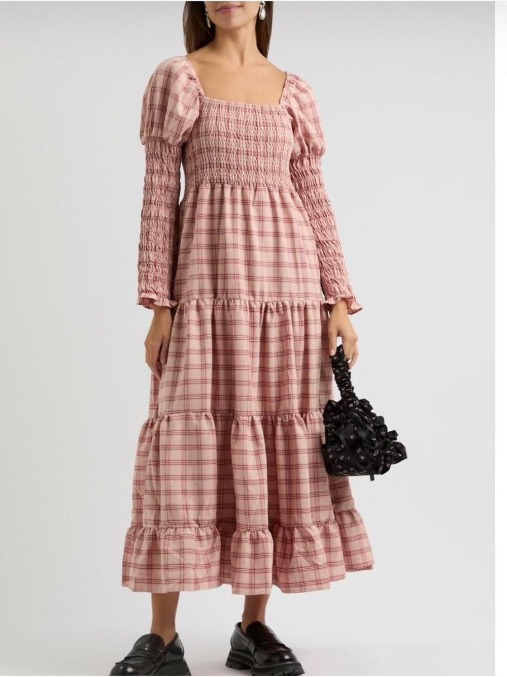 Sister Jane Pink Plaid Tiered Smocked Maxi Dress